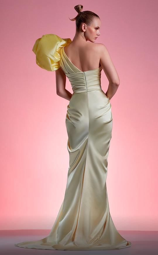 MNM COUTURE - G1209 Accented Shoulder Draped High Slit Gown In Yellow