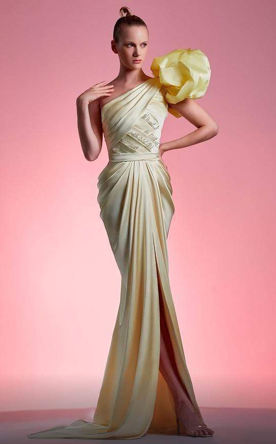 MNM COUTURE - G1209 Accented Shoulder Draped High Slit Gown In Yellow