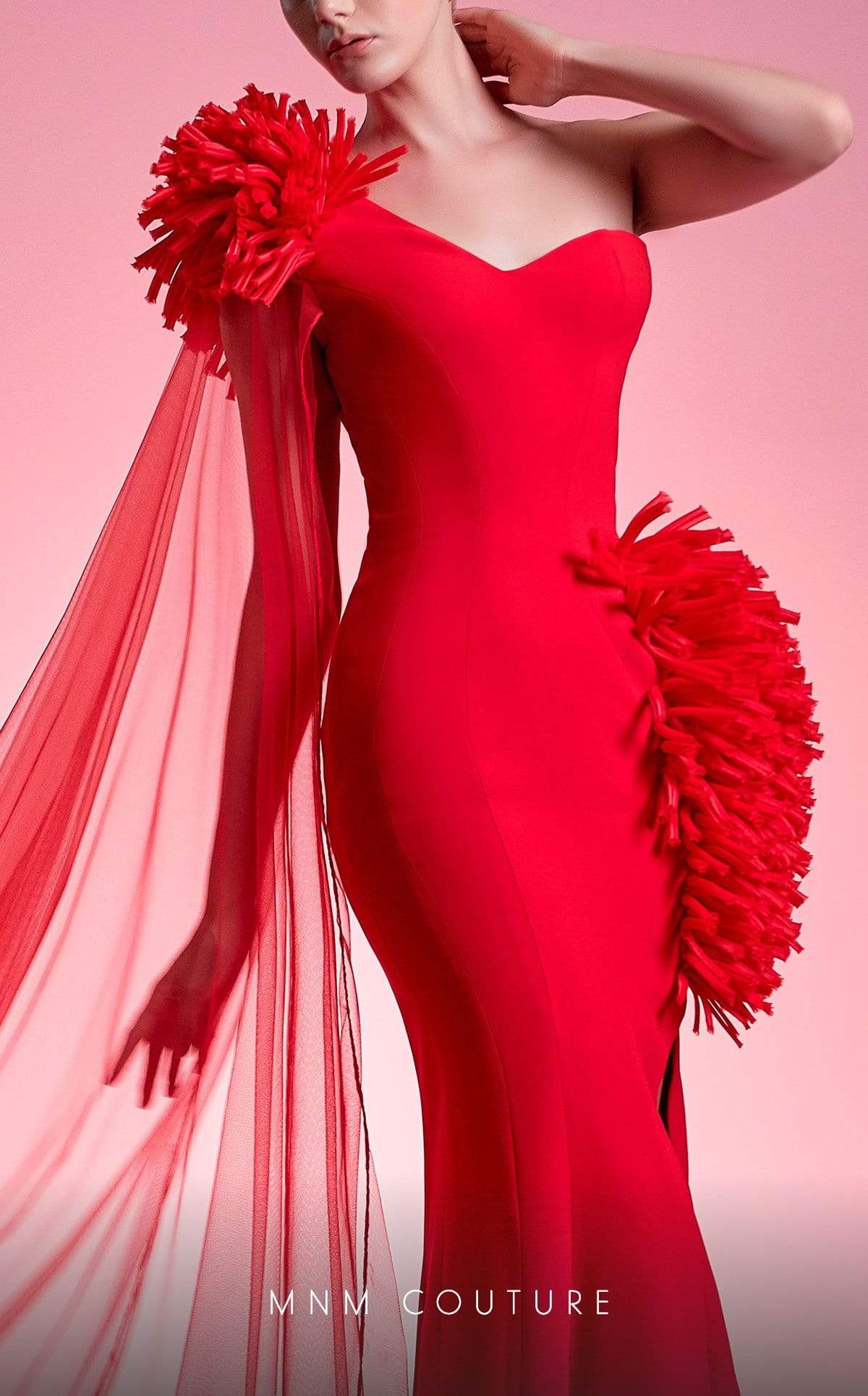 MNM COUTURE - G1211 Asymmetrical Fringed High Slit Mermaid Gown In Red