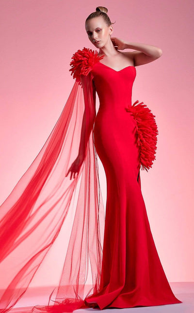 MNM COUTURE - G1211 Asymmetrical Fringed High Slit Mermaid Gown Evening Dresses 2 / Red