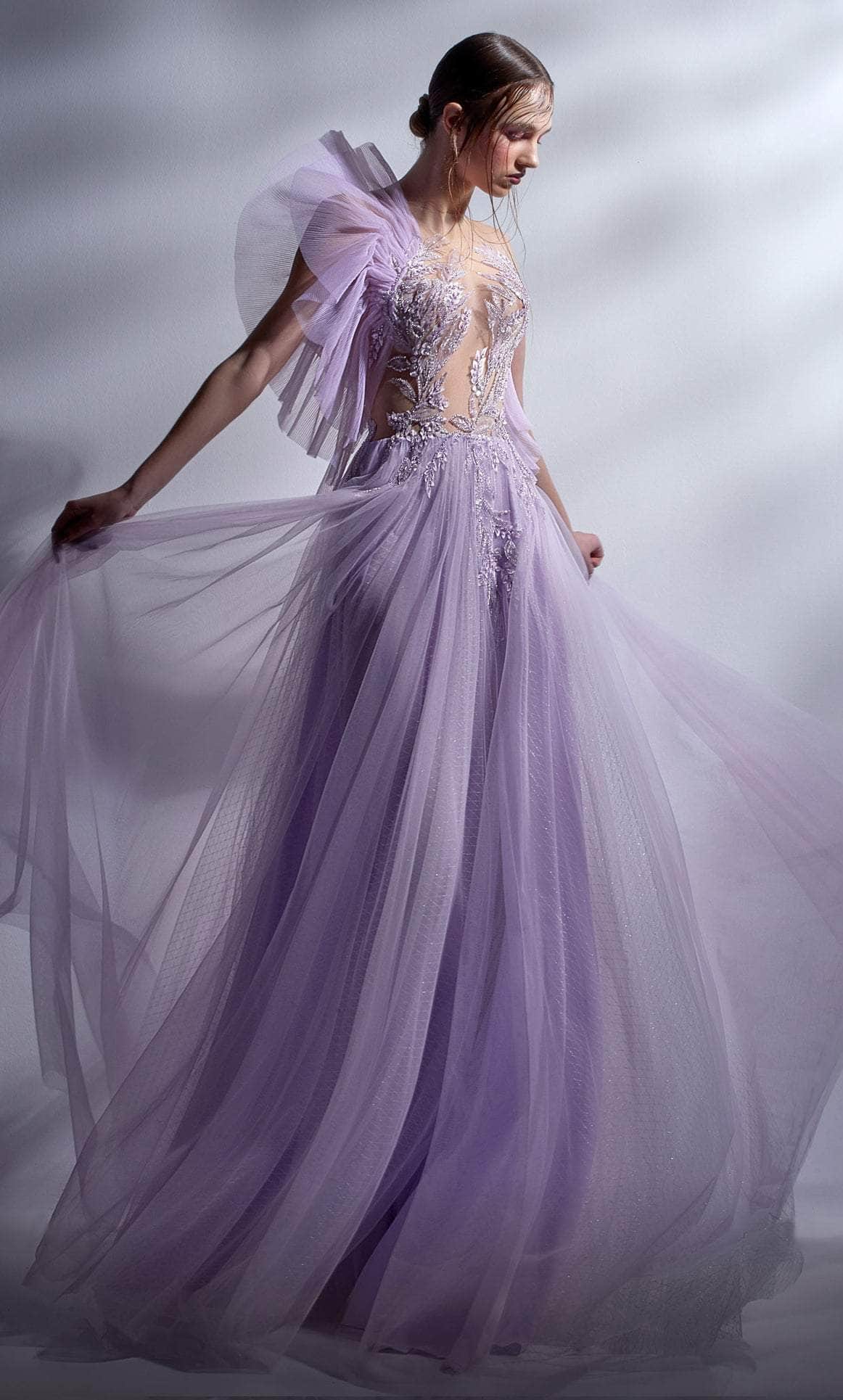 MNM COUTURE G1284 - Appliqued Back Prom Gown Evening Dresses 0 / Lilac