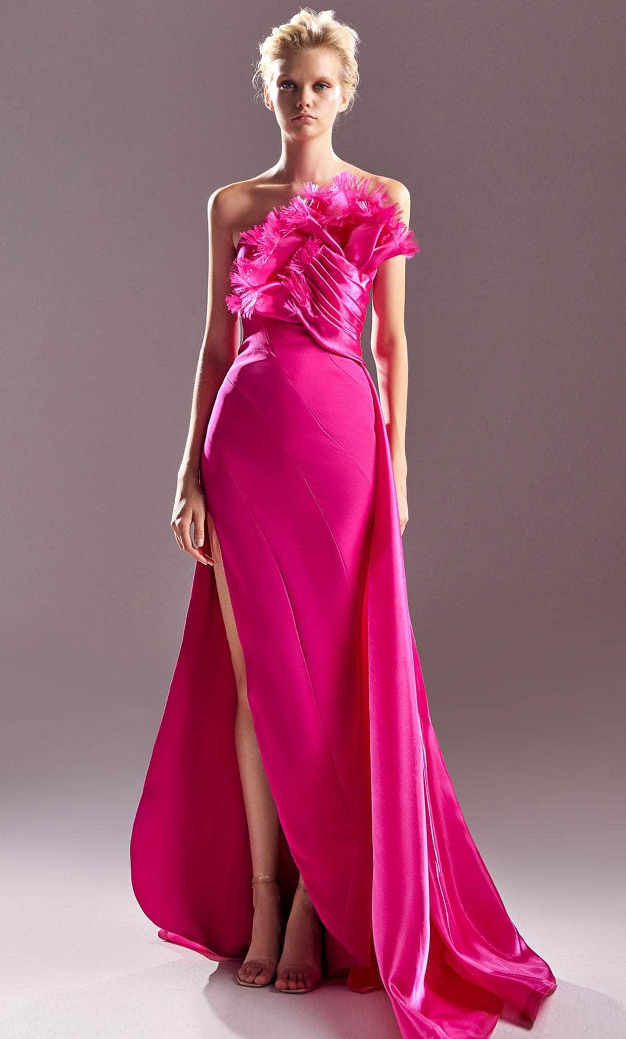 MNM COUTURE G1500 - Strapless Fringed Evening Gown Evening Dresses 0 / Fuchsia