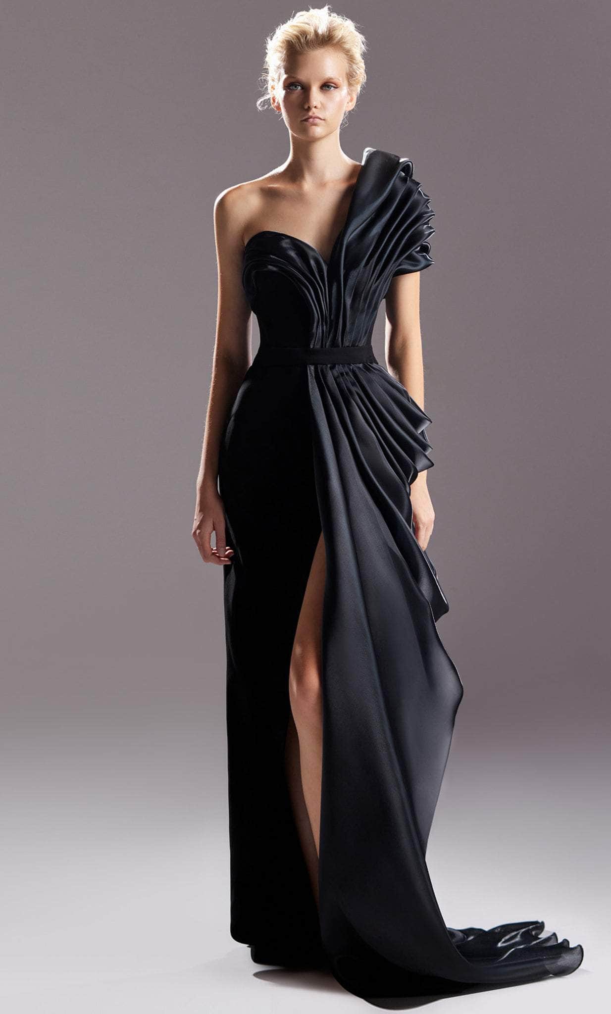 MNM COUTURE G1507 - Asymmetrical Drape Evening Gown Evening Dresses 0 / Black