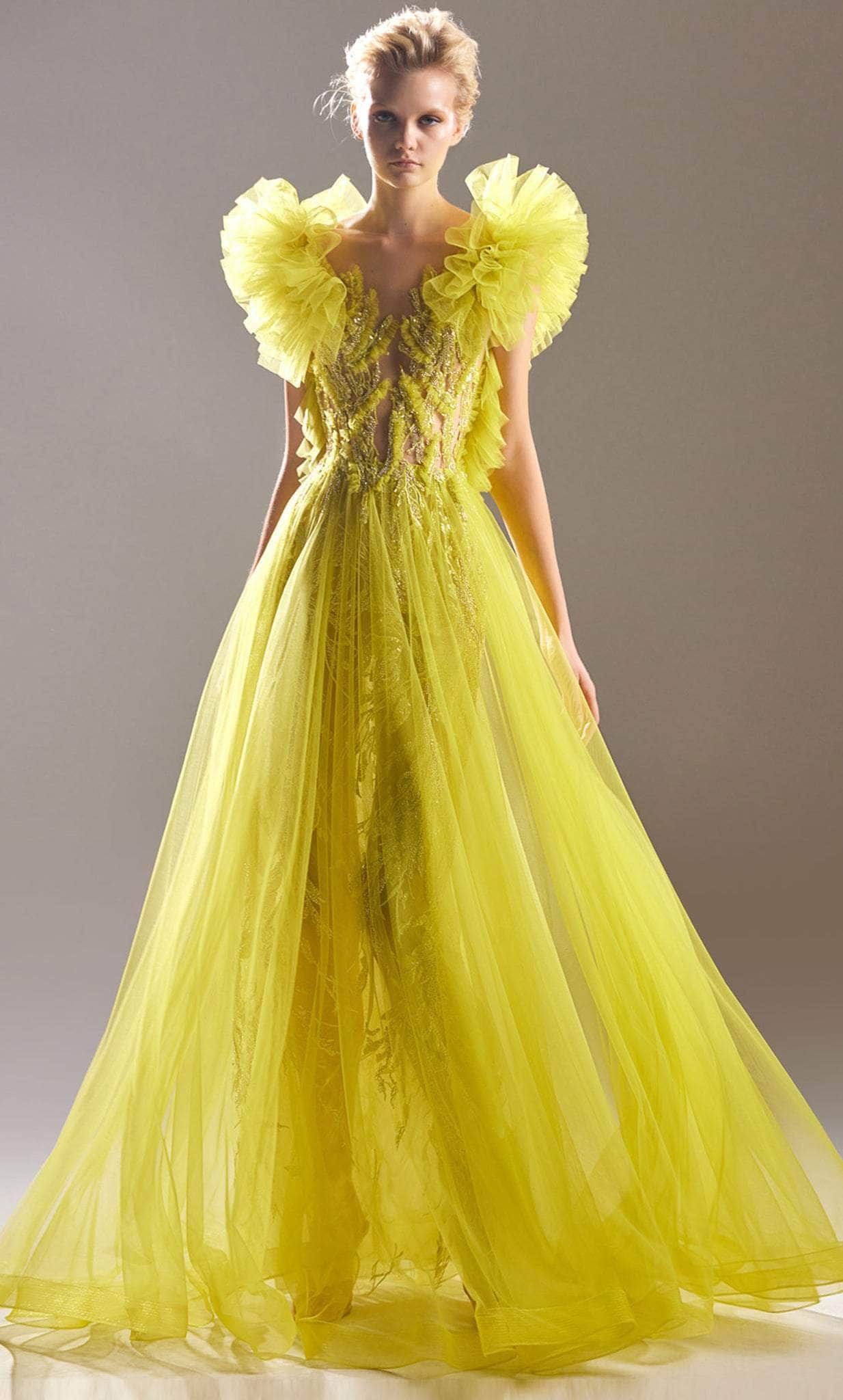 MNM COUTURE G1515 - Illusion Bateau Embellished Evening Dress Formal Gown 0 / Lime