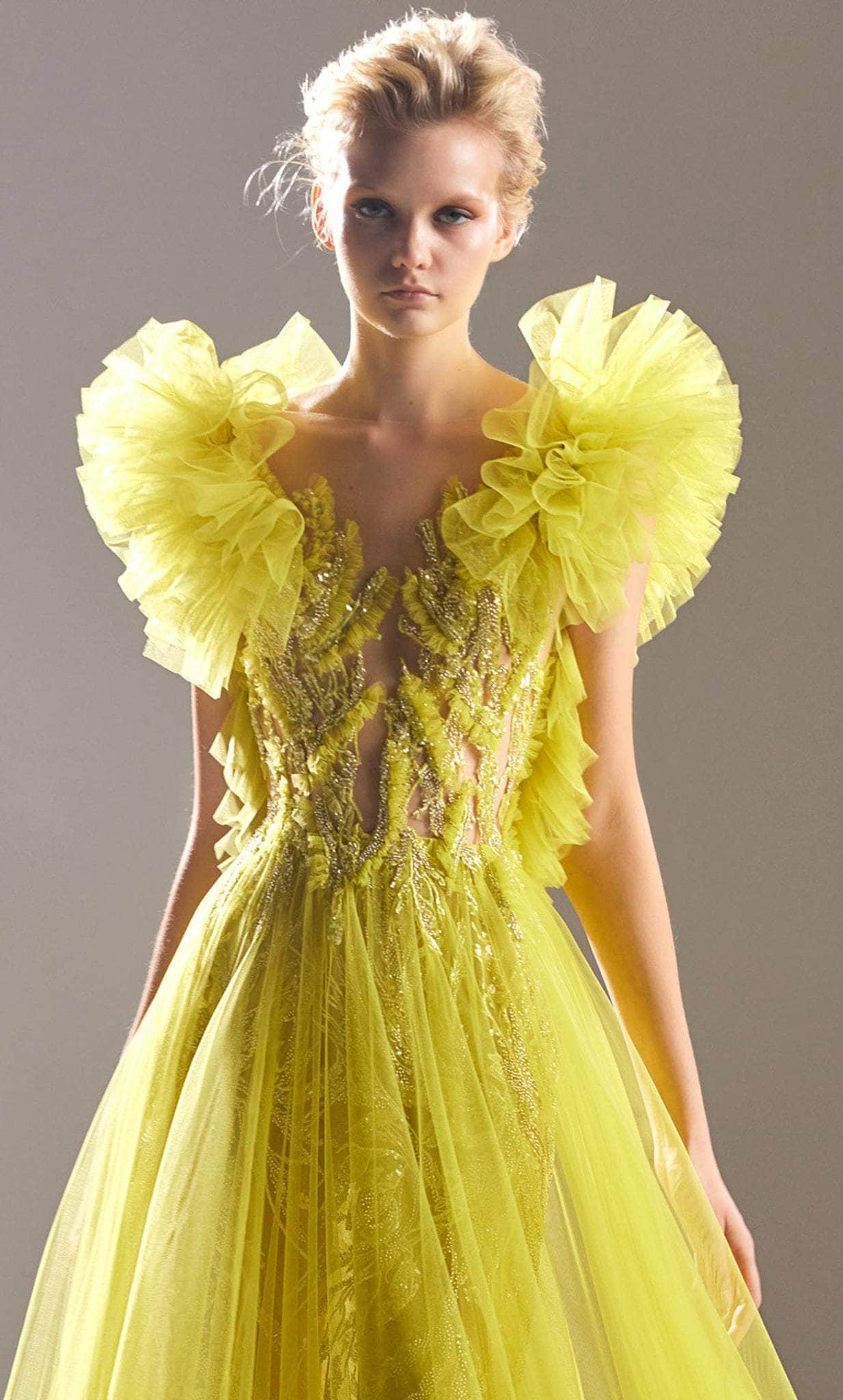 MNM Couture G1515 - Long A-Line Dress - Ruffled Sleeves, Fitted, V Lining, Embellished, Long Slim Skirt, Tulle Skirt Overlay, Full-Length, V Back, Ruffled Back ADASA MNM Couture G1515 - Long A-Line Dress - Ruffled Sleeves, Fitted, V Lining, Embellished, Long Slim Skirt, Tulle Skirt Overlay, Full-Length, V Back, Ruffled Back ADASA