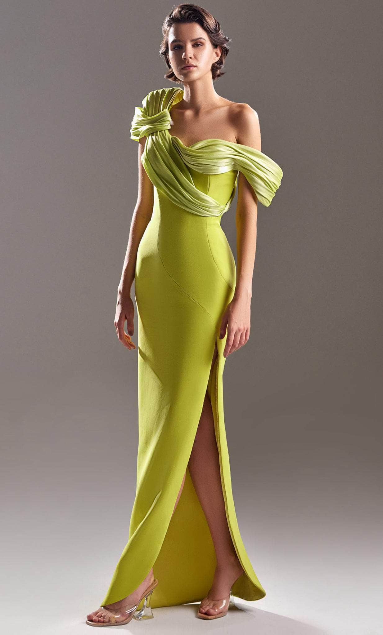 MNM COUTURE G1518 - Draped Asymmetric Evening Dress Special Occasion Dress 0 / Pistache