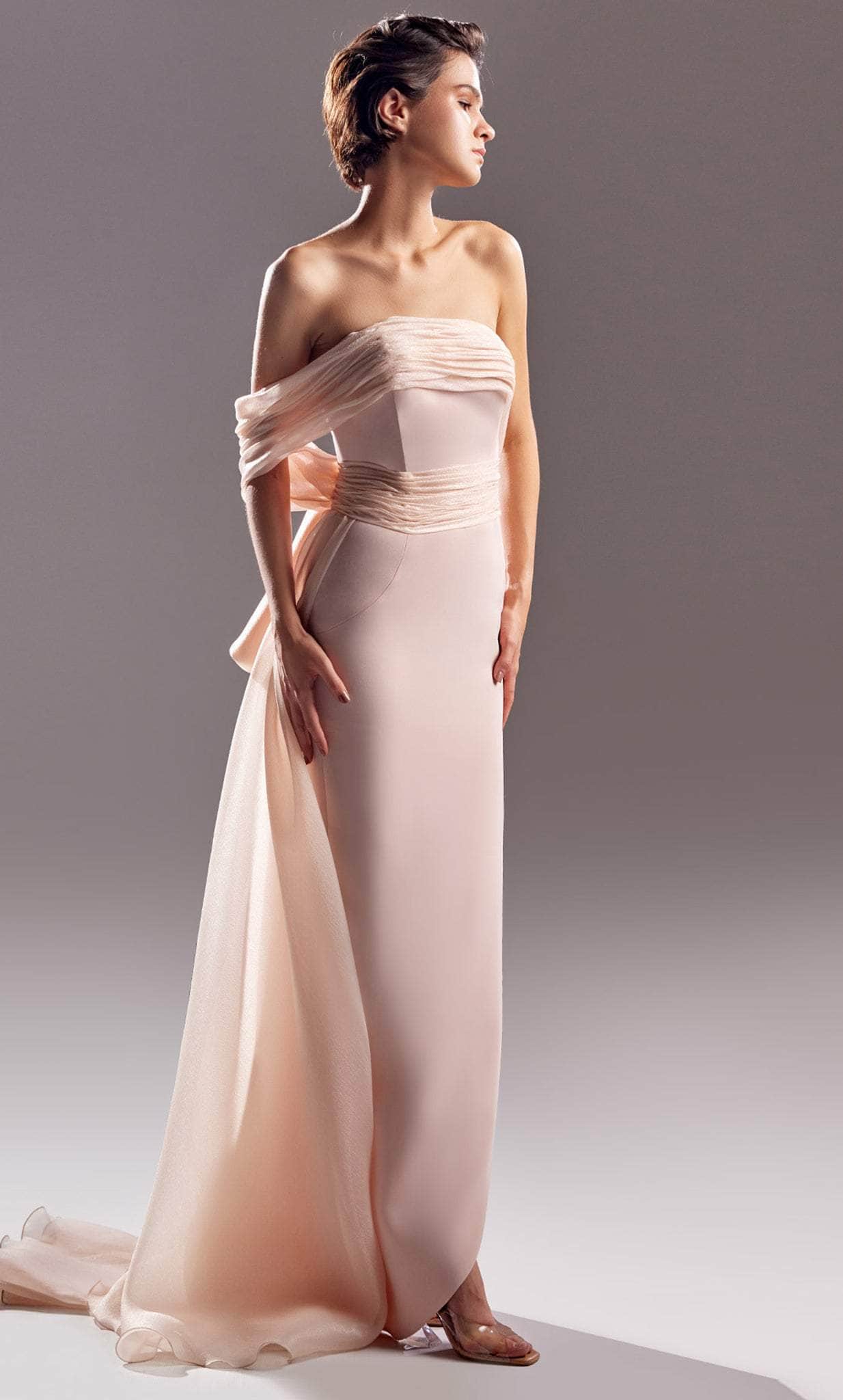MNM COUTURE G1520 - Straight Across Column Evening Dress Evening Dresses 0 / Beige