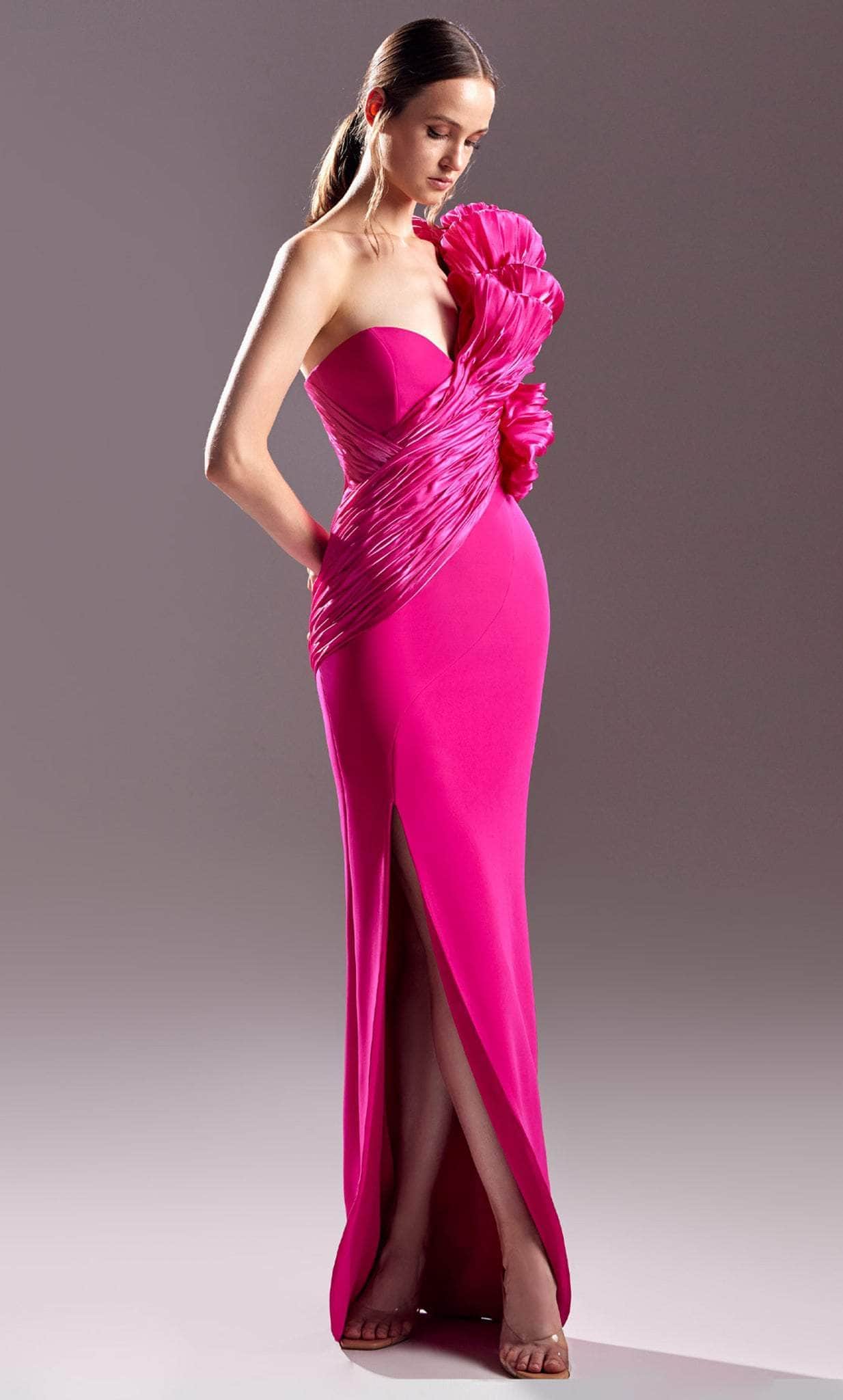 MNM COUTURE G1530 - Ruched One-Shoulder Sleeve Prom Dress Prom Dress 0 / Fuchsia