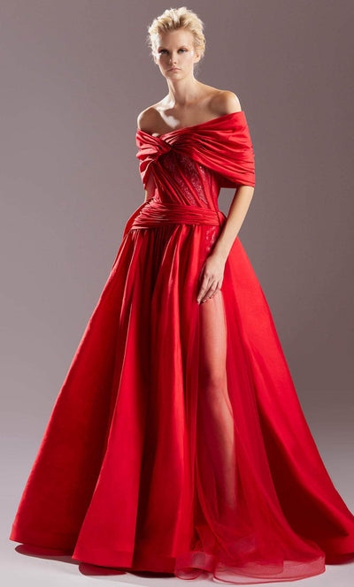 MNM COUTURE G1533 - Draping Detailed Off-Shoulder  Prom Gown Prom Dress 0 / Red