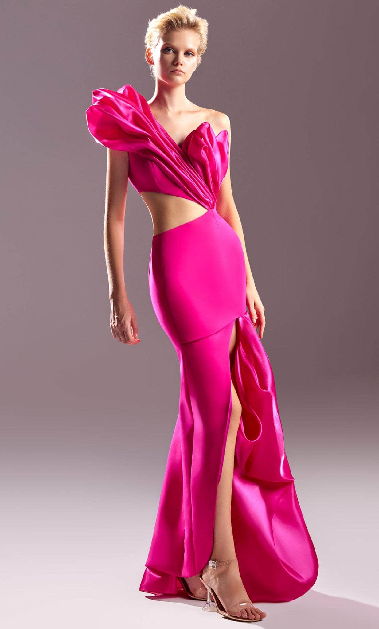 MNM COUTURE G1538 - One-Sleeve Side Cut-Out Prom Dress Prom Dresses 0 / Fuchsia