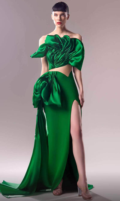 MNM Couture G1614 - Ruffled Bodice Metallic Evening Dress Evening Dresses 0 / Green