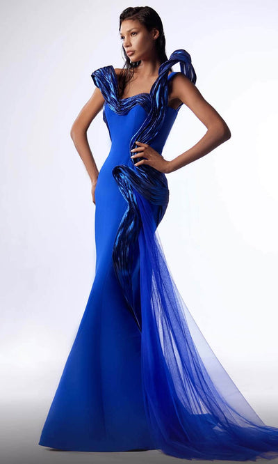 MNM Couture G1728 - Metallic Ruffled Evening Dress Evening Dresses 0 / Blue