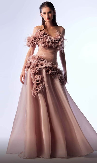 MNM Couture G1737 - Floral Festooned Evening Dress Evening Dresses 0 / Beige