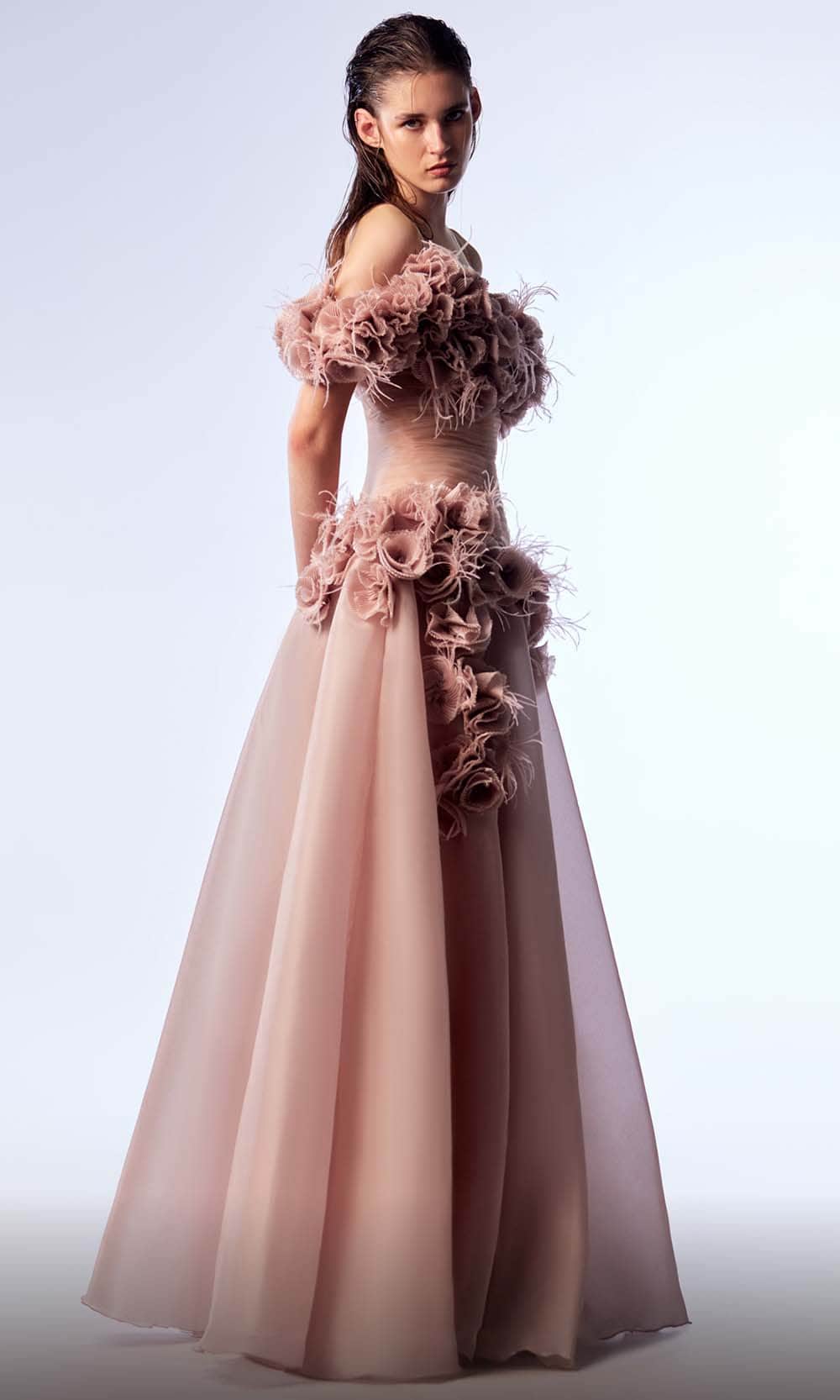 MNM Couture G1737 - Long A-Line Dress - Feather Details, Floral Accents, Pleated Accents, Midrise Back, Concealed Zipper Closure, Floor Length Hem ADASA MNM Couture G1737 - Long A-Line Dress - Feather Details, Floral Accents, Pleated Accents, Midrise Back, Concealed Zipper Closure, Floor Length Hem ADASA