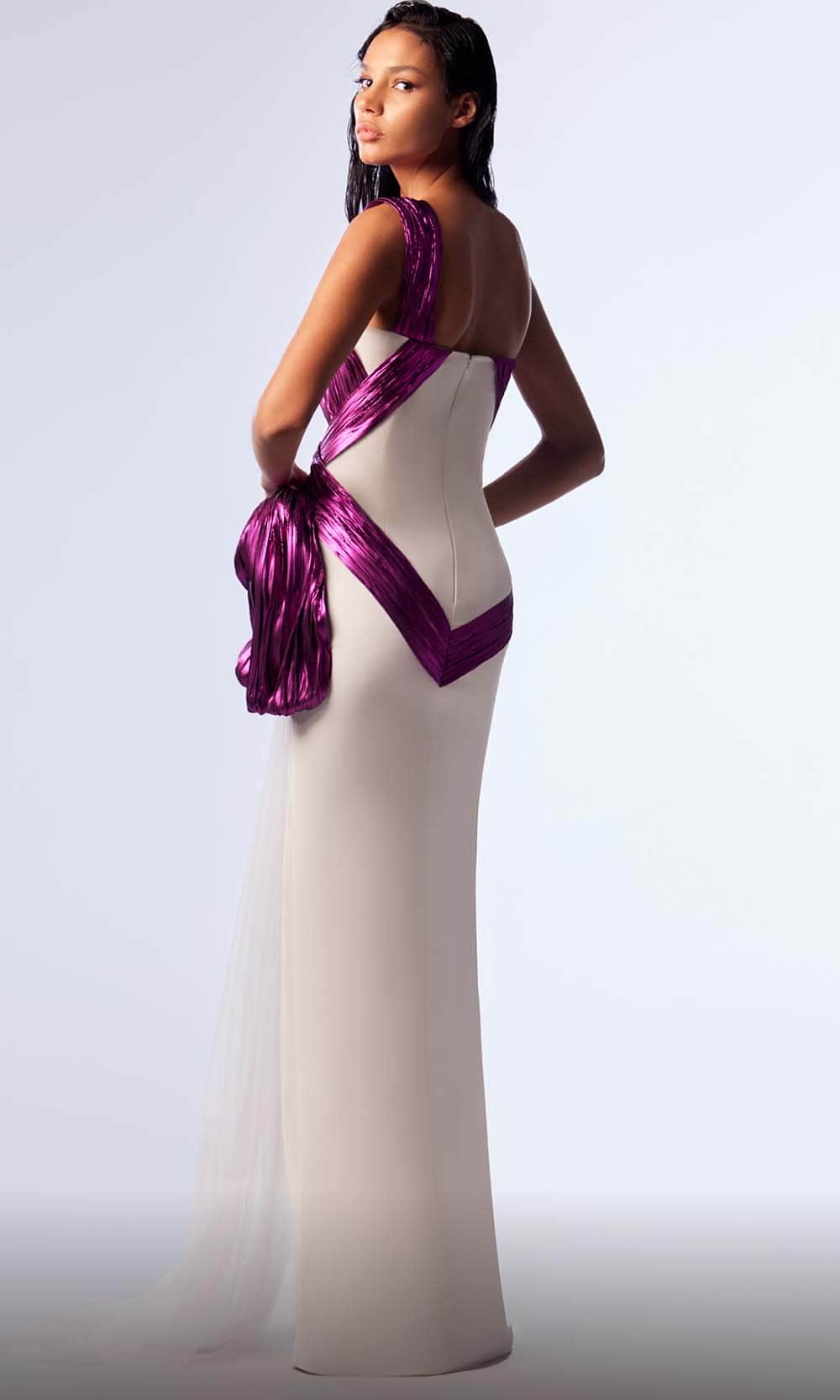 MNM Couture G1741 - Shirred Metallic Sash Evening Dress Evening Dresses