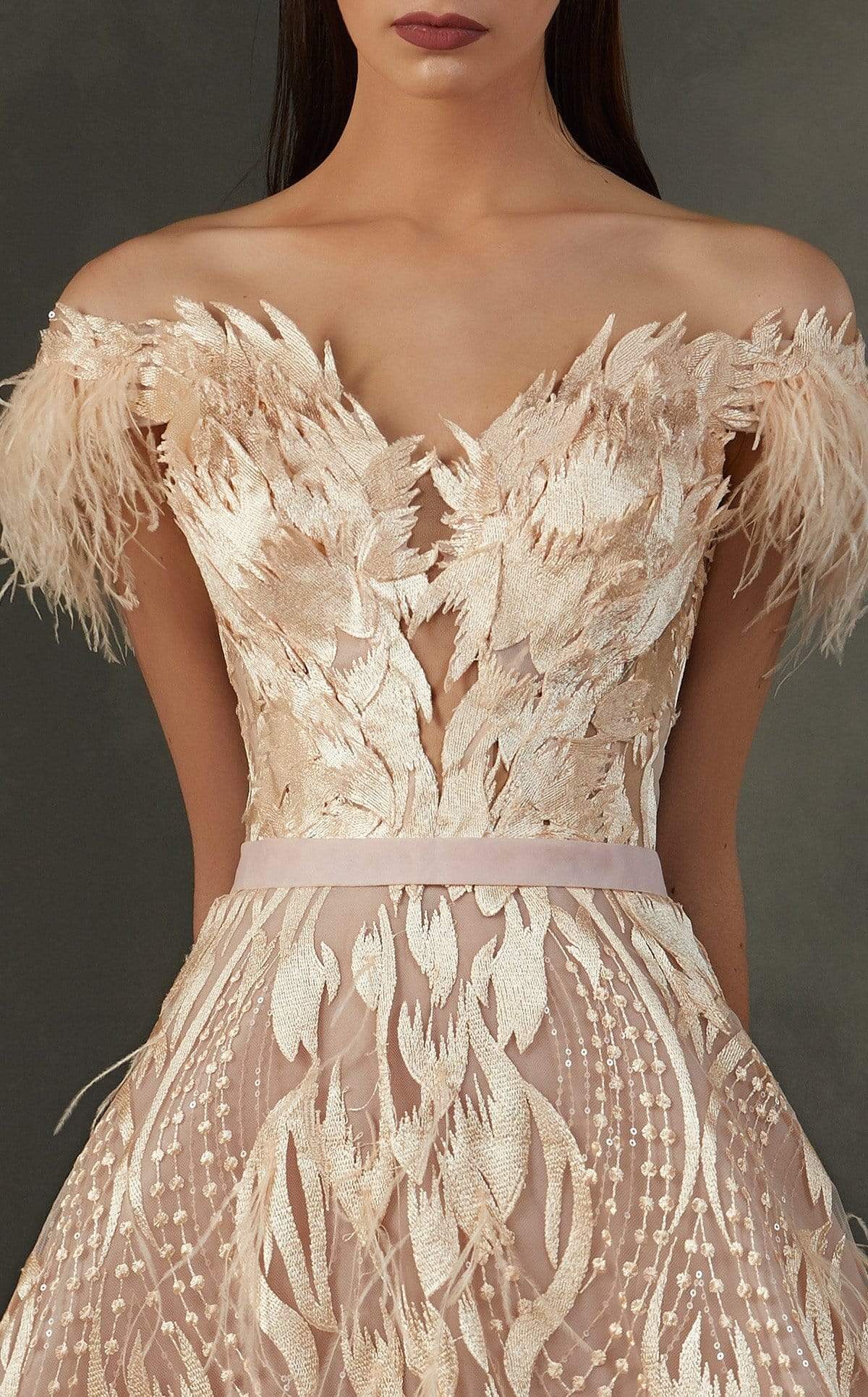 MNM COUTURE - K3659 Feathered And Embroidered Trumpet Dress Special Occasion Dress