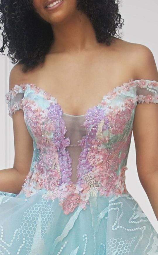 MNM COUTURE - K3672 Floral Plunging Off-Shoulder Cocktail Dress Cocktail Dresses