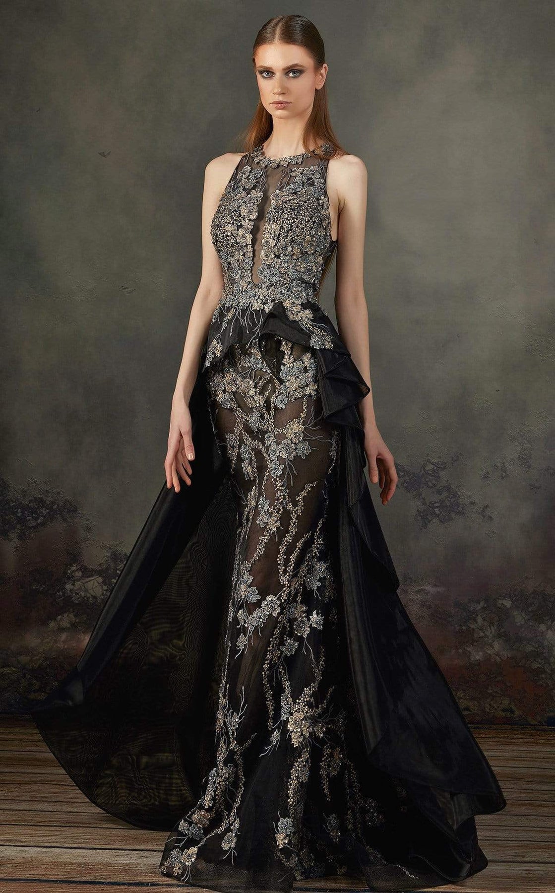 MNM COUTURE - K3696 Embroidered Halter Trumpet Dress Evening Dresses 2 / Black