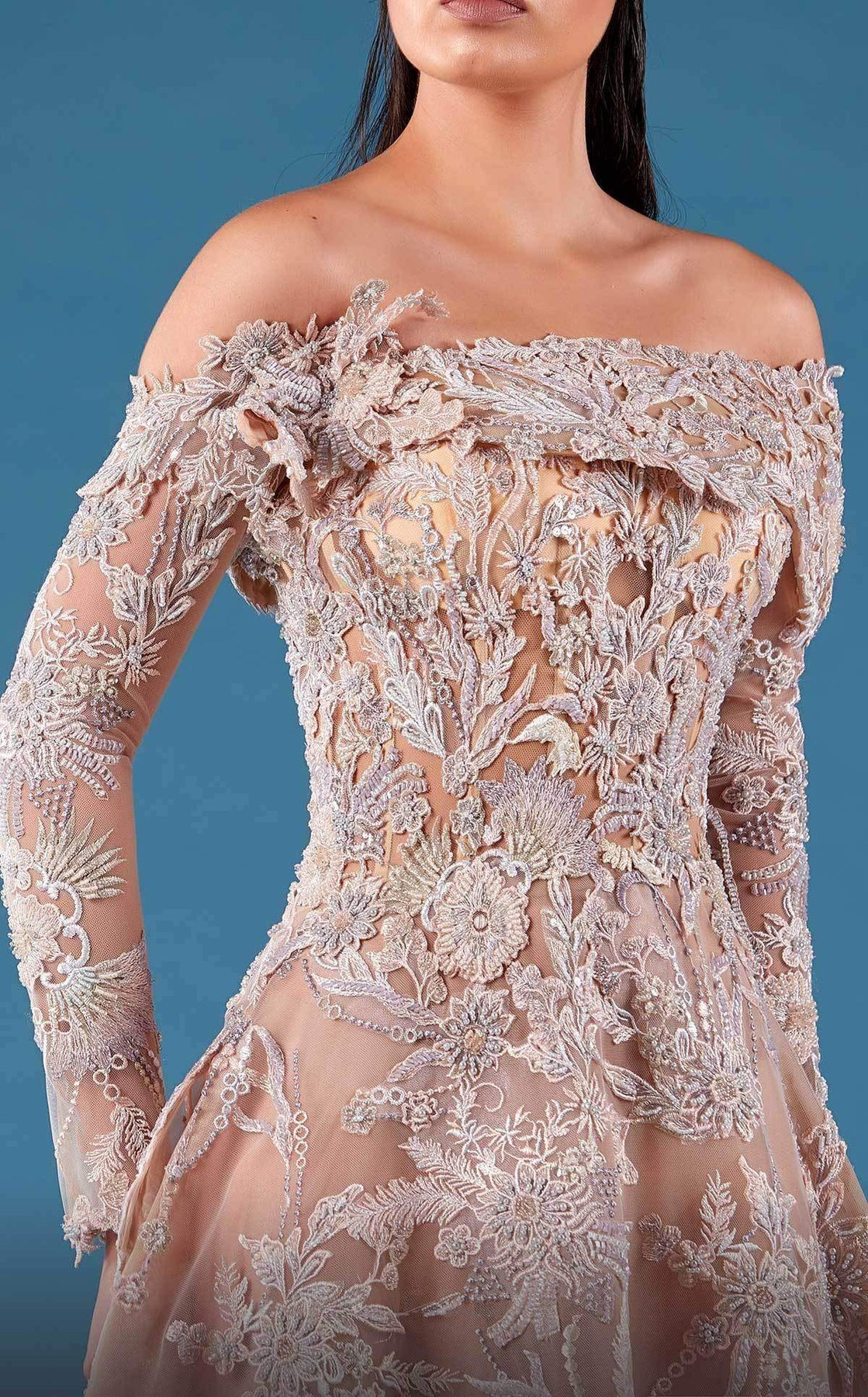 MNM COUTURE - K3747 Appliqued Off-Shoulder Evening Gown In Pink