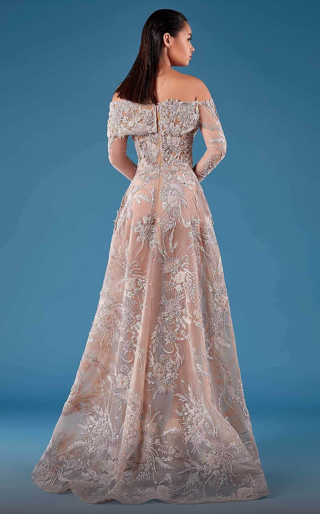 MNM COUTURE - K3747 Appliqued Off-Shoulder Evening Gown In Pink