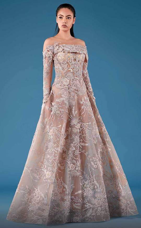 MNM COUTURE - K3747 Appliqued Off-Shoulder Evening Gown Formal Gowns 2 / Pink