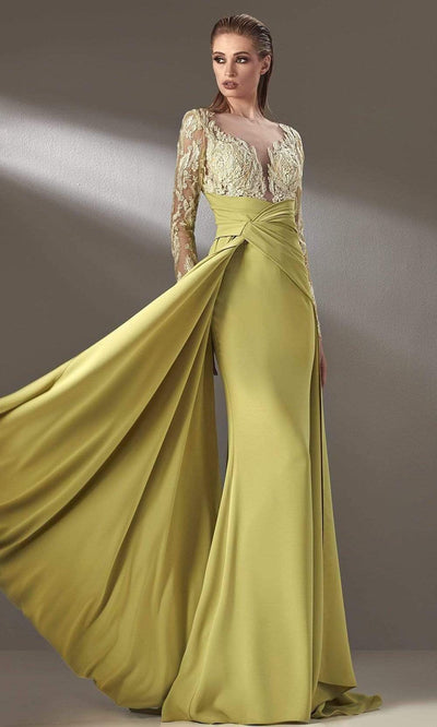 MNM COUTURE - K3893 Long Sleeves Sheath Evening Dress Mother of the Bride Dresses 4 / Pistache