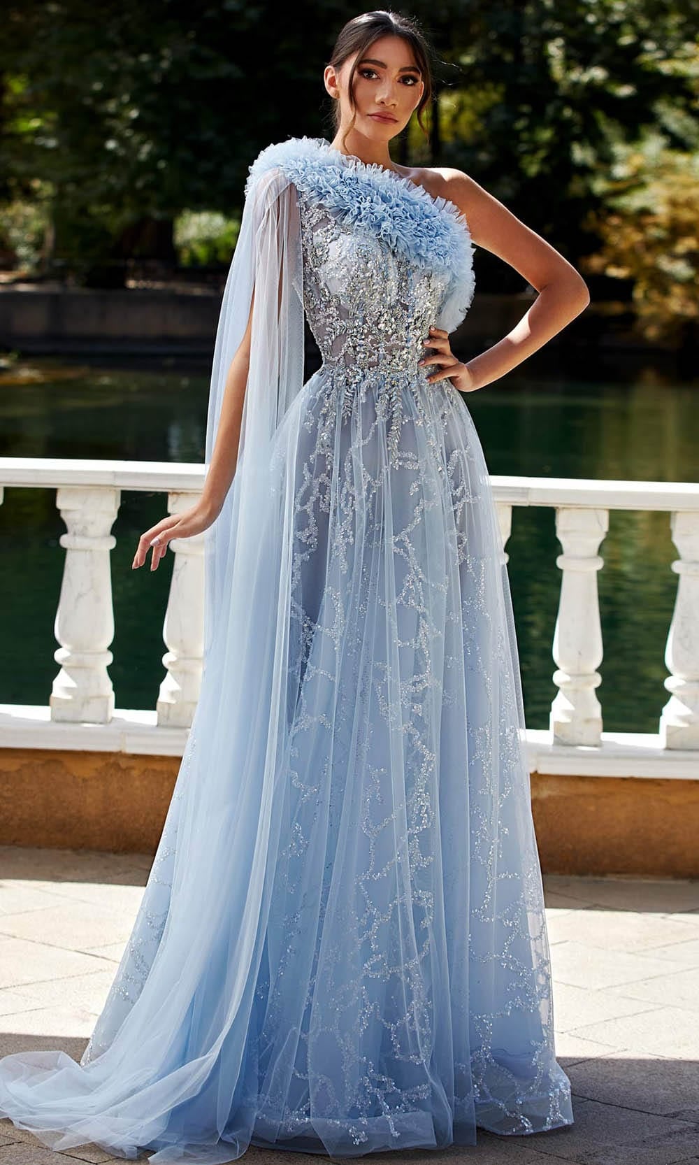 MNM Couture K3924 - Embellished Asymmetrical Neck Prom Gown Prom Dresses 4 / Light Blue