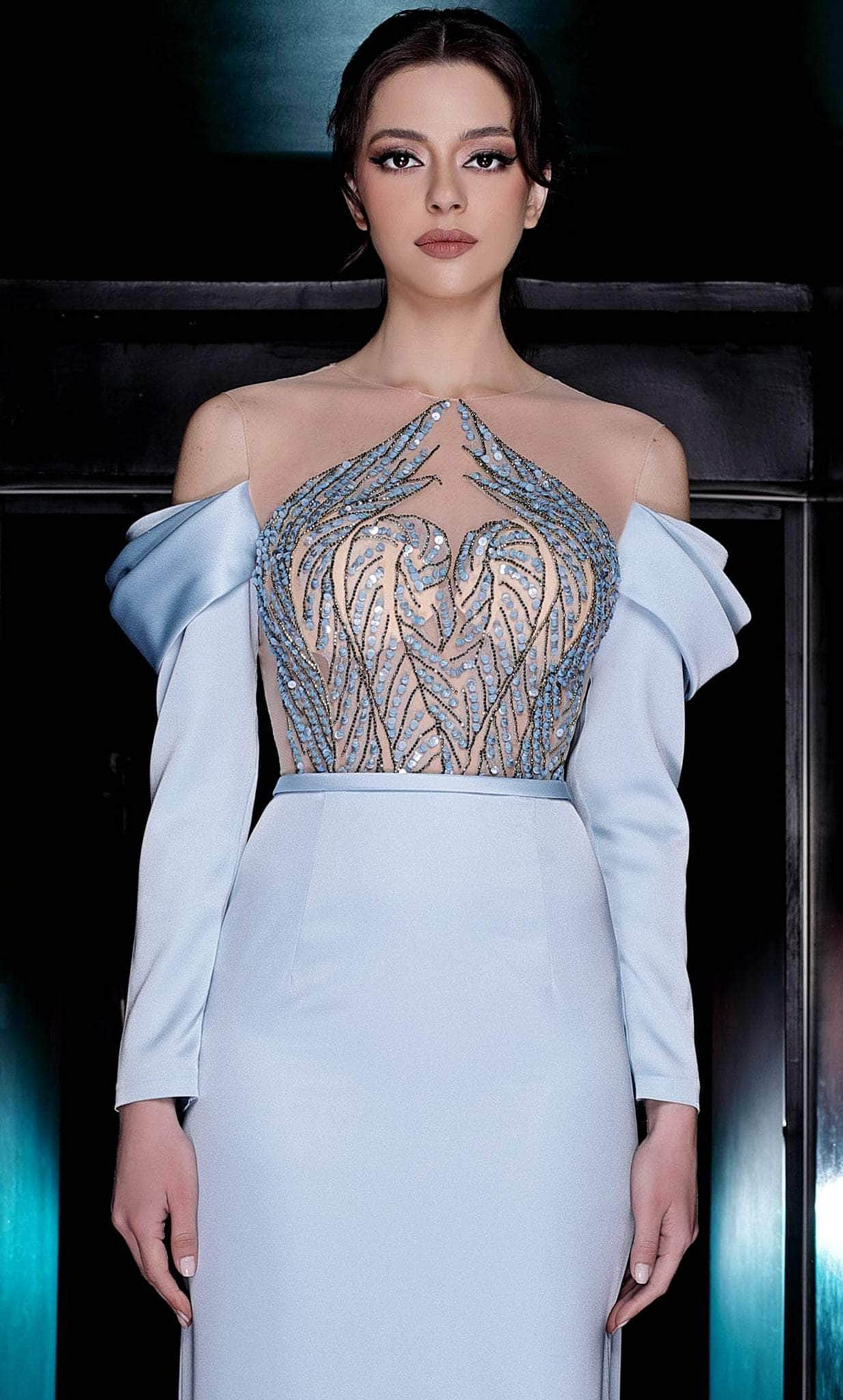 MNM COUTURE K3989 - Draped Sleeve Column Evening Gown Special Occasion Dress