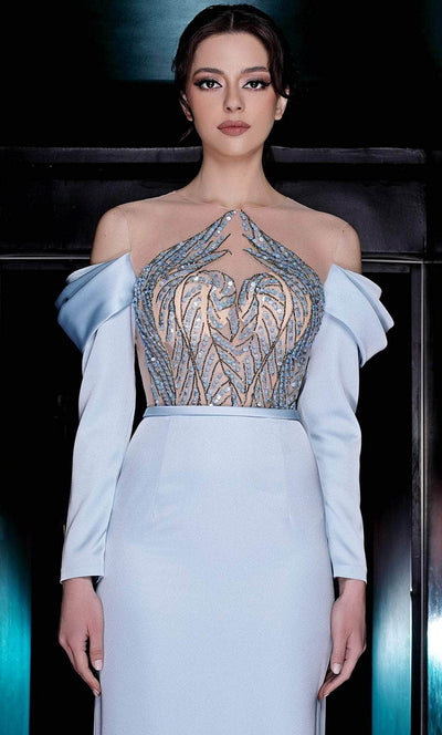 MNM COUTURE K3989 - Draped Sleeve Column Evening Gown Special Occasion Dress