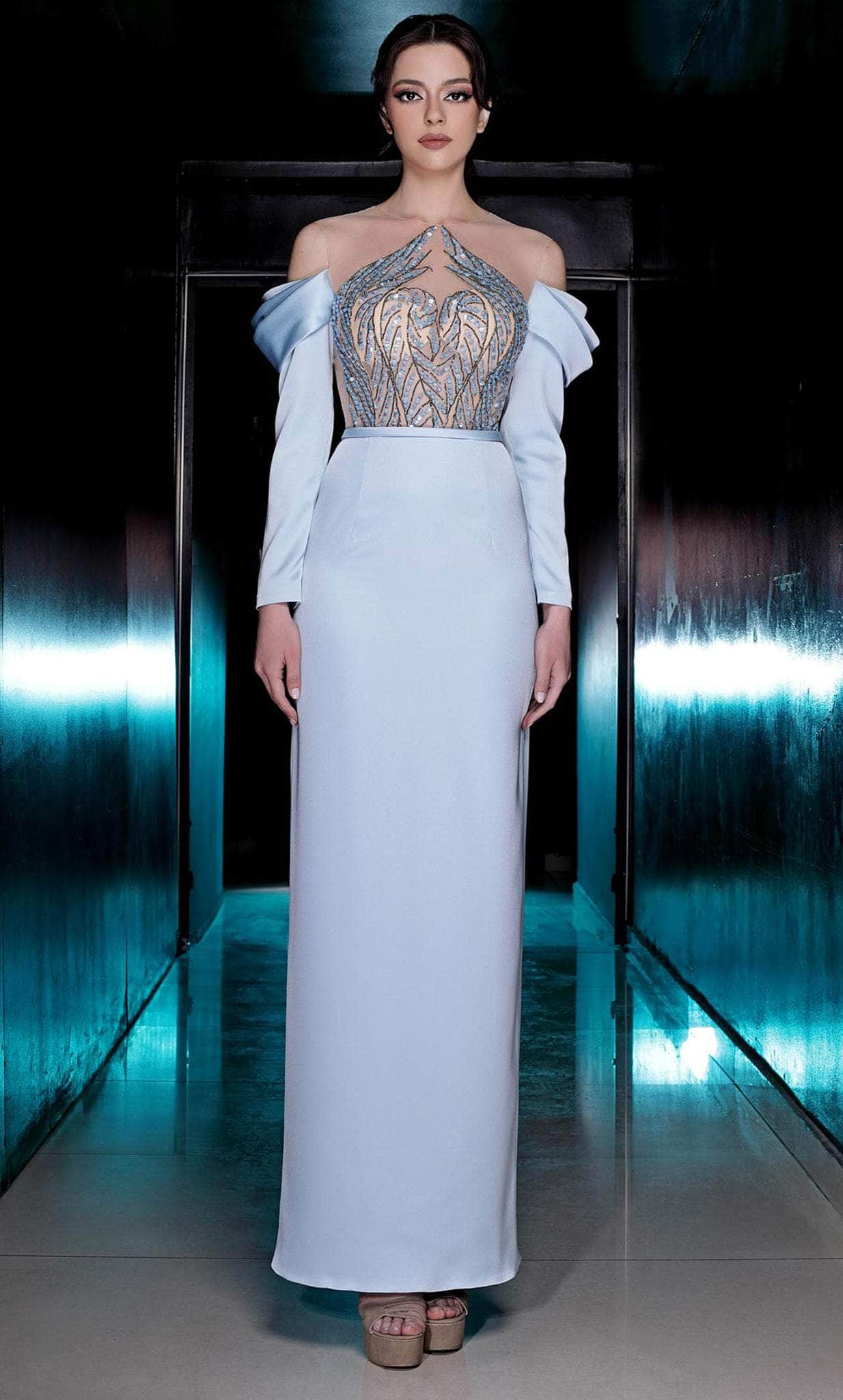 MNM COUTURE K3989 - Draped Sleeve Column Evening Gown Special Occasion Dress 4 / Light Blue