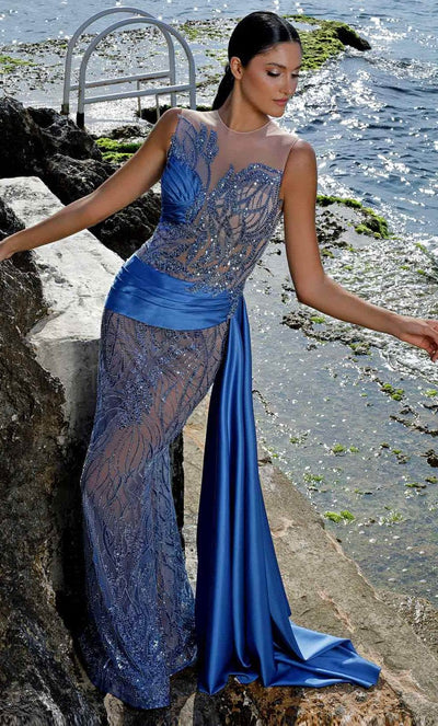 MNM COUTURE K4001 - Beaded Mesh Prom Gown Prom Dresses 0 / Blue
