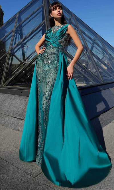 MNM Couture K4007 - Jewel Neck Evening Gown With Overskirt Evening Dresses