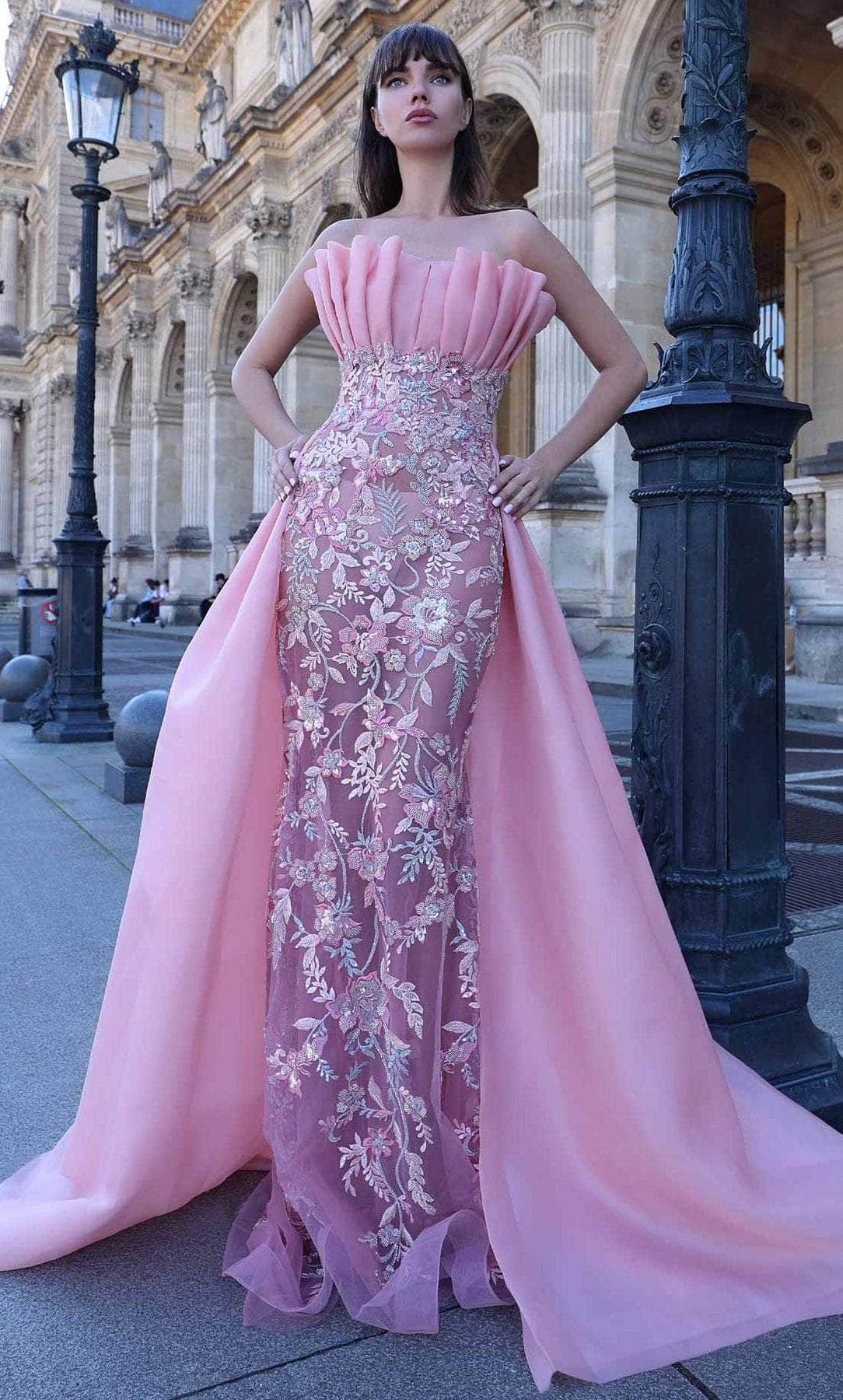 MNM Couture K4023 - Long A-line Dress - Strapless, Pleats, Fitted bodice, See-through, Floral, Beads, Overskirt, Floor length, Chapel train ADASA MNM Couture K4023 - Long A-line Dress - Strapless, Pleats, Fitted bodice, See-through, Floral, Beads, Overskirt, Floor length, Chapel train ADASA