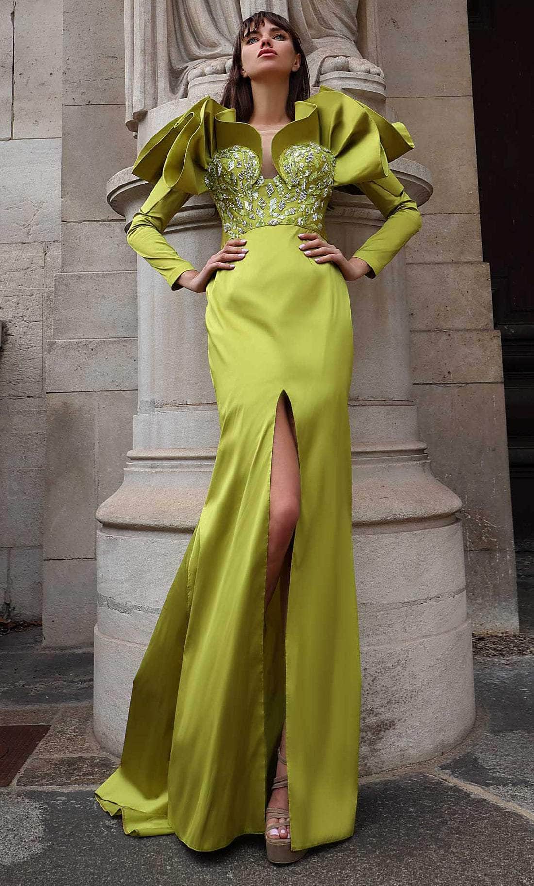 MNM COUTURE K4028 - Long Sleeve Ruffled Evening Gown Evening Dresses 0 / Pistache