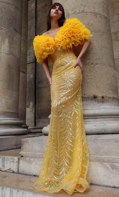 MNM COUTURE K4031 - Ruffled Off Shoulder Evening Gown Evening Dresses 0 / Yellow