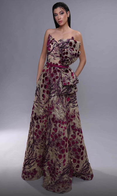 MNM Couture K4078 - Scalloped V-Neck Evening Dress Evening Dresses 0 / Beige/Fuchsia