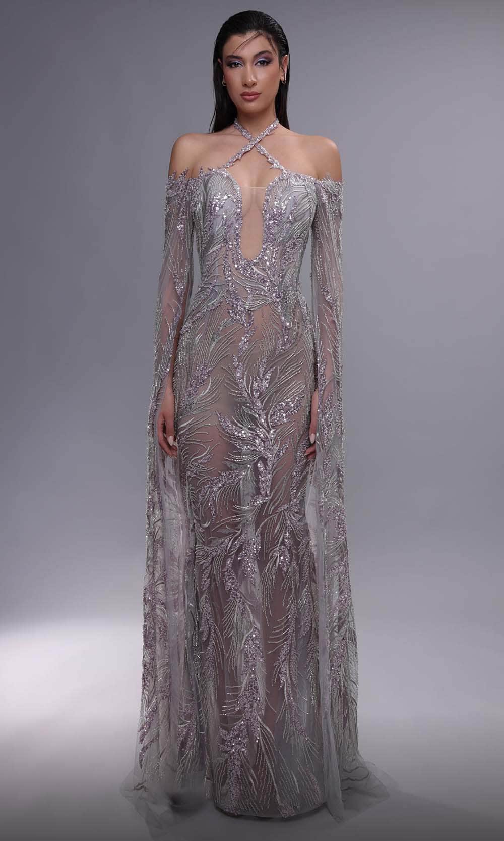 MNM Couture K4090 - Cascading Sleeve Illusion Dress Evening Dresses 0 / Grey