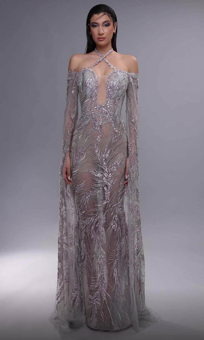 MNM Couture K4090 - Cascading Sleeve Illusion Dress Evening Dresses 0 / Grey