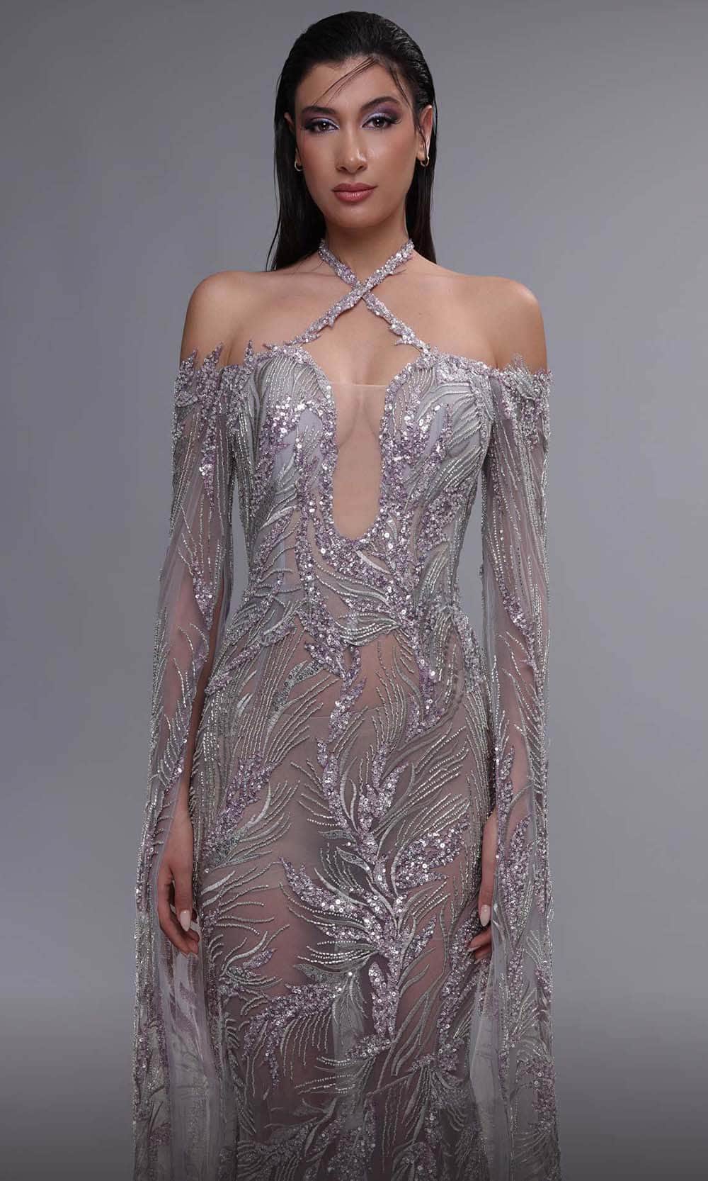 MNM Couture K4090 - Cascading Sleeve Illusion Dress Evening Dresses