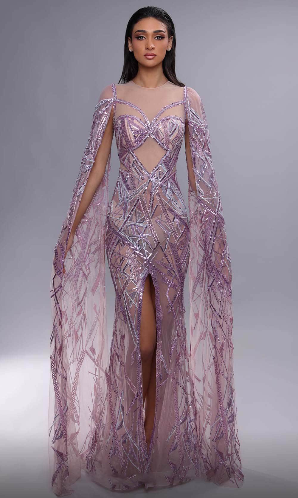MNM Couture K4091 - Illusion Cutout Beaded Dress Evening Dresses 0 / Purple