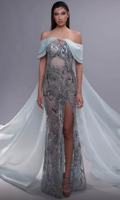 MNM Couture K4092 - Beaded Illusion Evening Dress with Slit Evening Dresses 0 / Aqua