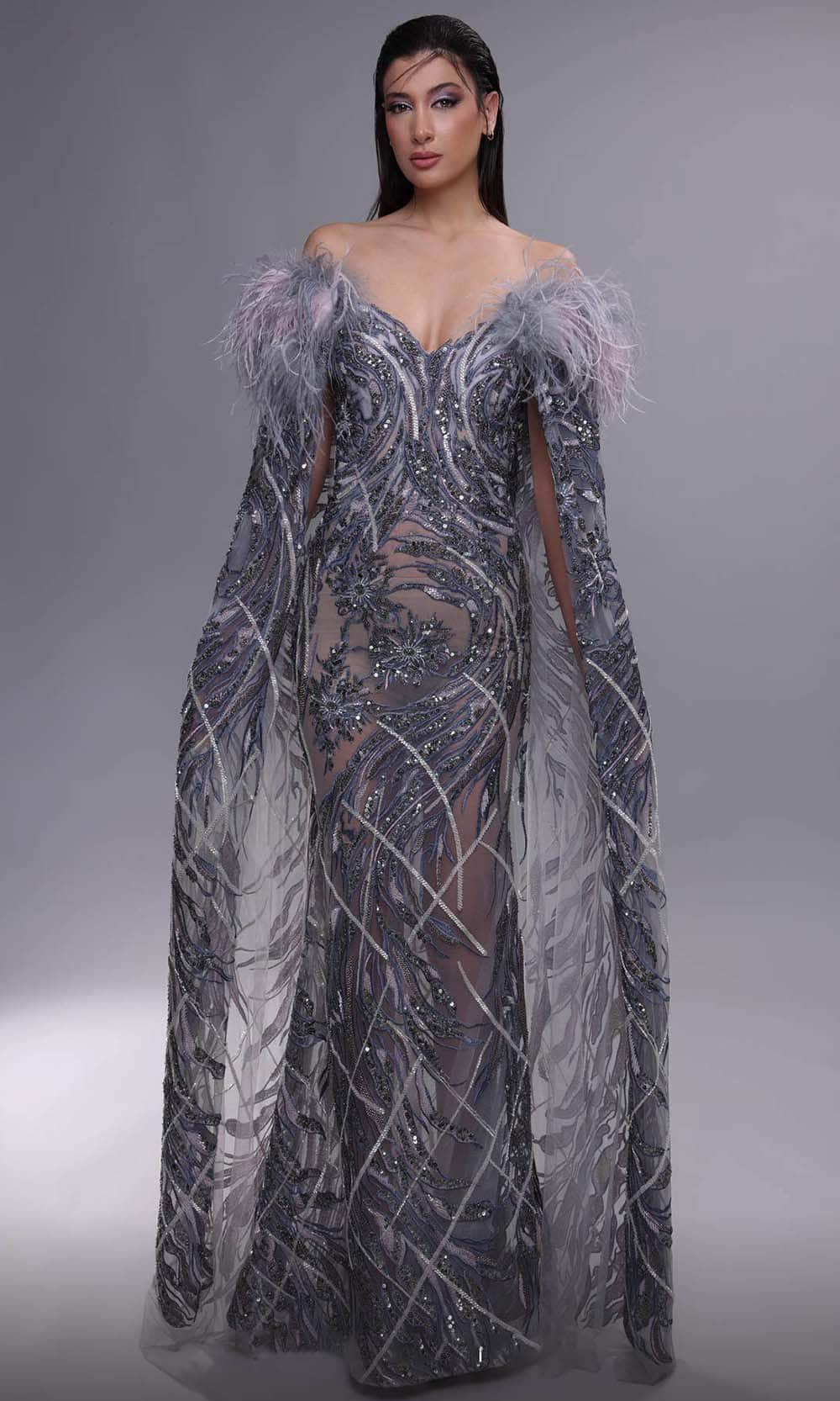 MNM Couture K4097 - Feathered Off Shoulder Evening Dress Evening Dresses 0 / Grey