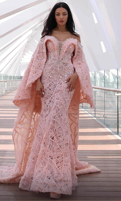 MNM Couture K4127 - Draped Lace Evening Dress Evening Dresses 0 / Salmon