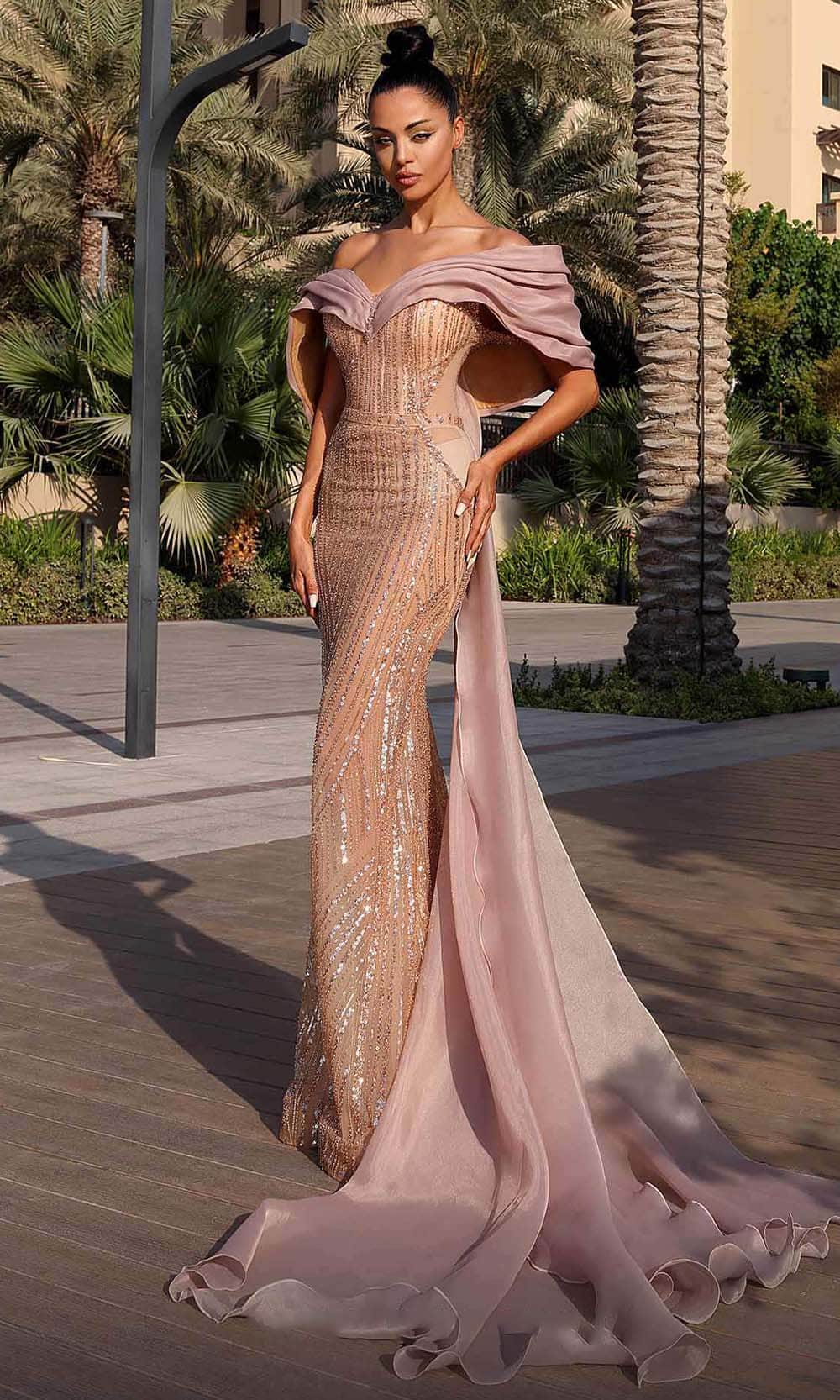 MNM Couture K4138 - Draped Off Shoulder Evening Dress Evening Dresses 0 / Bronze