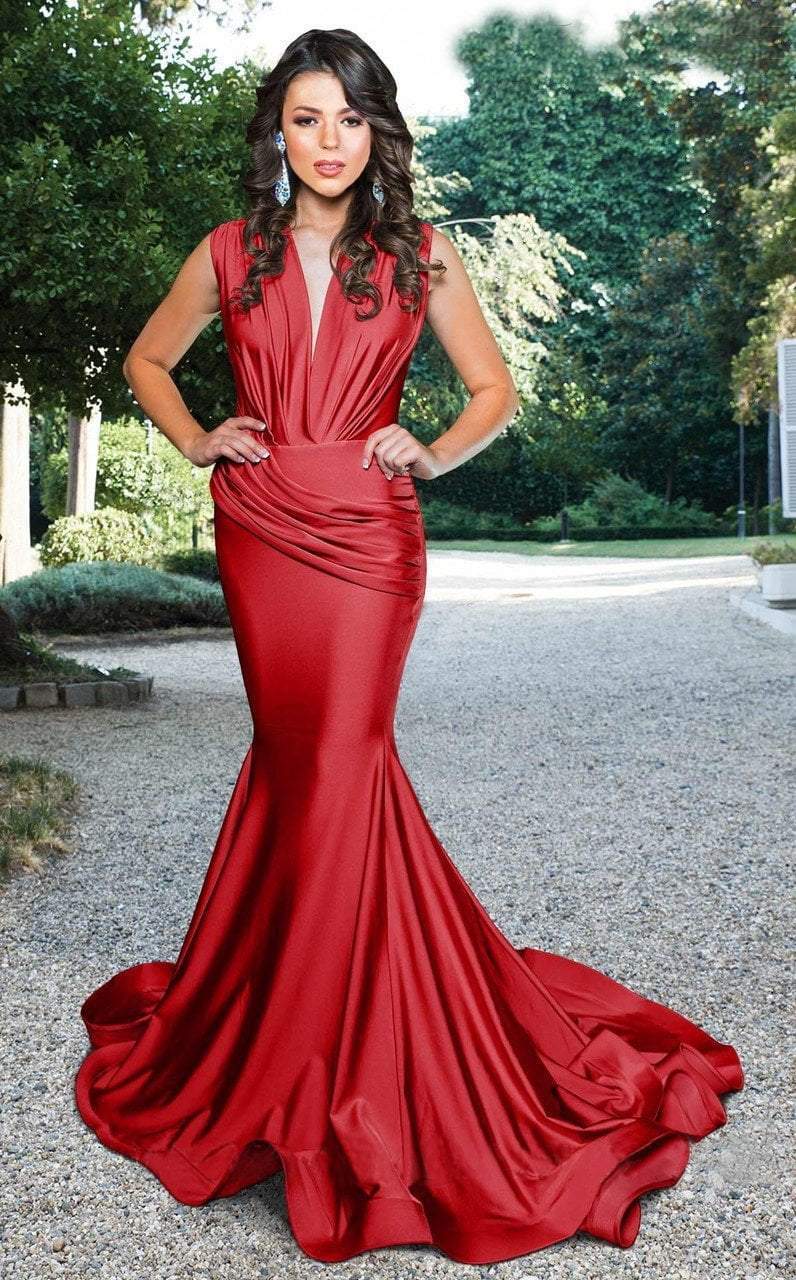 MNM Couture - L0001 Ruched V-Neck Mermaid Dress Special Occasion Dress