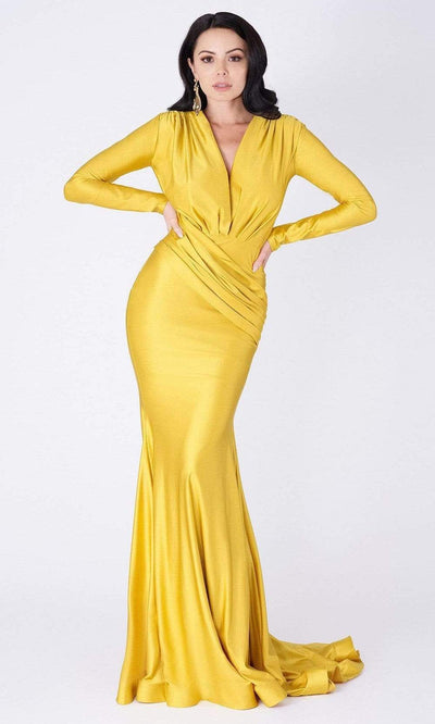 MNM COUTURE - L0002A Long Sleeve V-neck Trumpet Dress Special Occasion Dress XS / Mustard