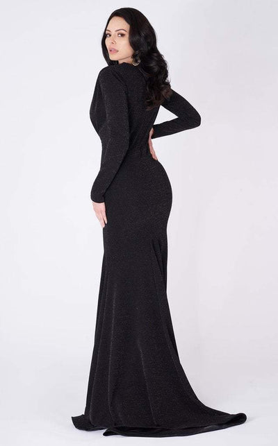 MNM COUTURE - L0002C Long Sleeve Pleated V-neck Trumpet Dress Special Occasion Dress