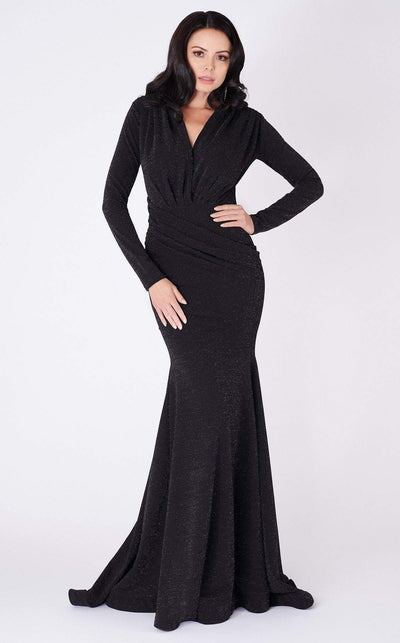 MNM COUTURE - L0002C Long Sleeve Pleated V-neck Trumpet Dress Special Occasion Dress XS / Black