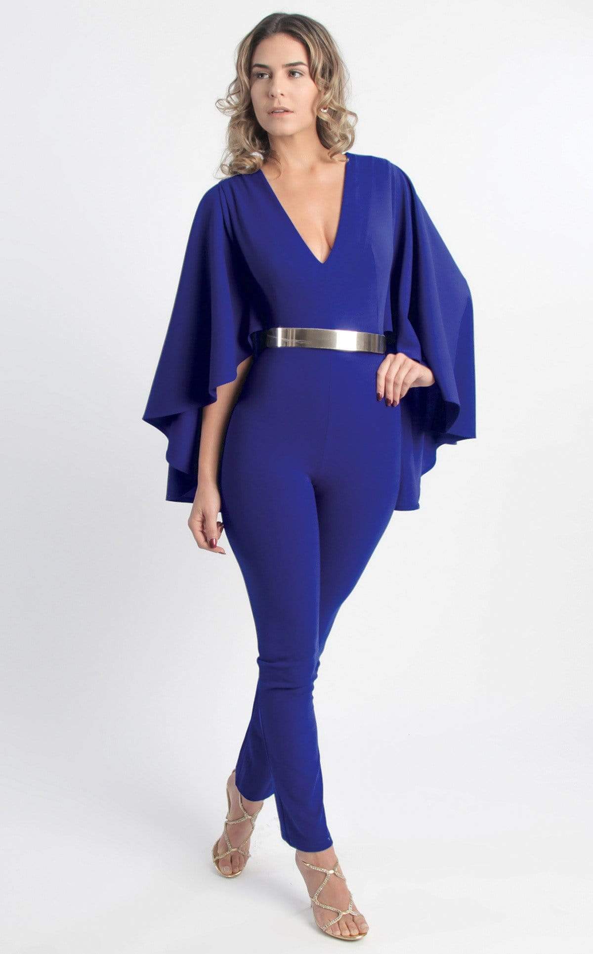 MNM COUTURE - L0025 Cape Sleeve Ankle Length Jumpsuit Special Occasion Dress XS / Blue