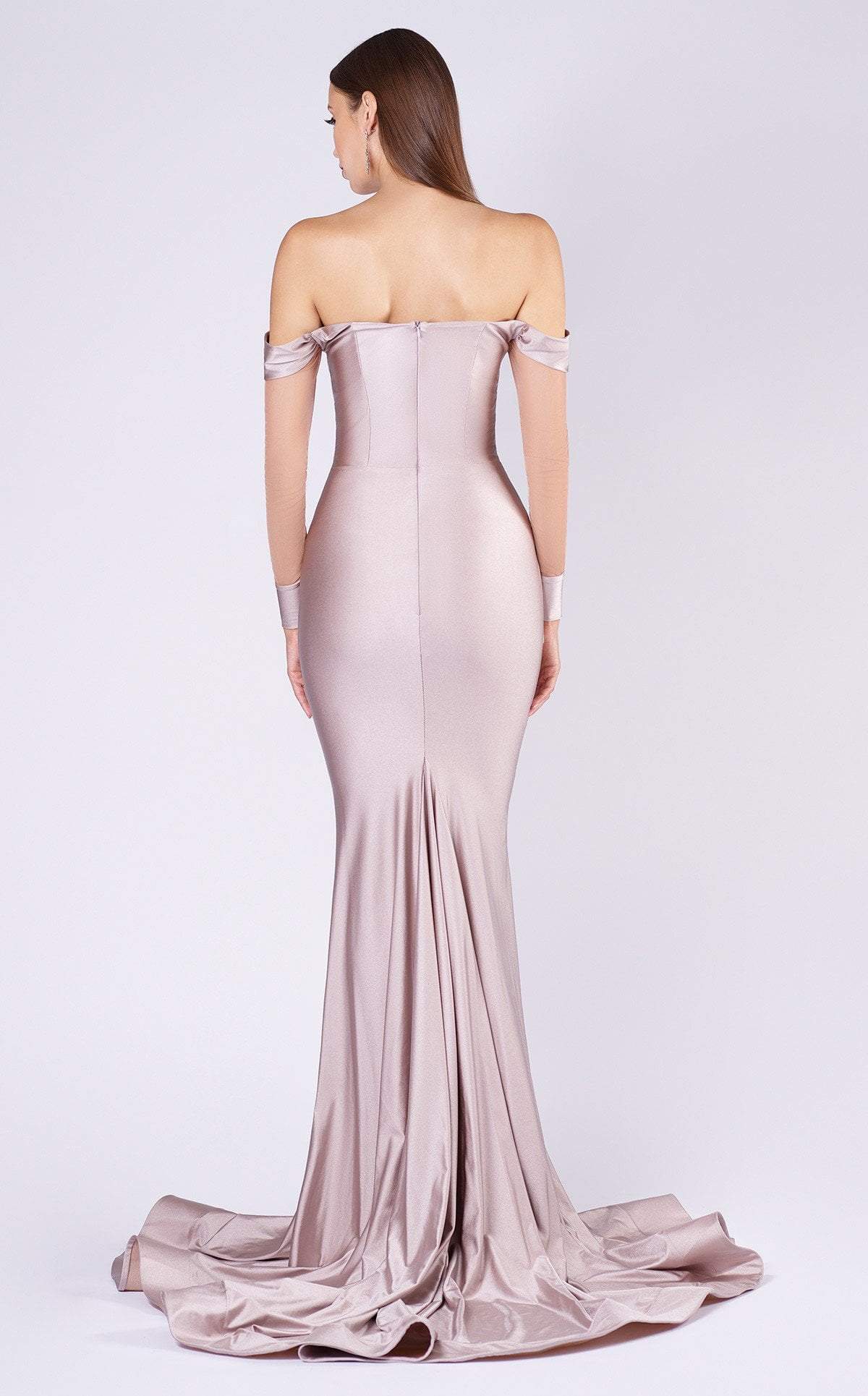 MNM COUTURE - L0044S V Neckline Illusion Long Sleeves Evening Gown Evening Dresses